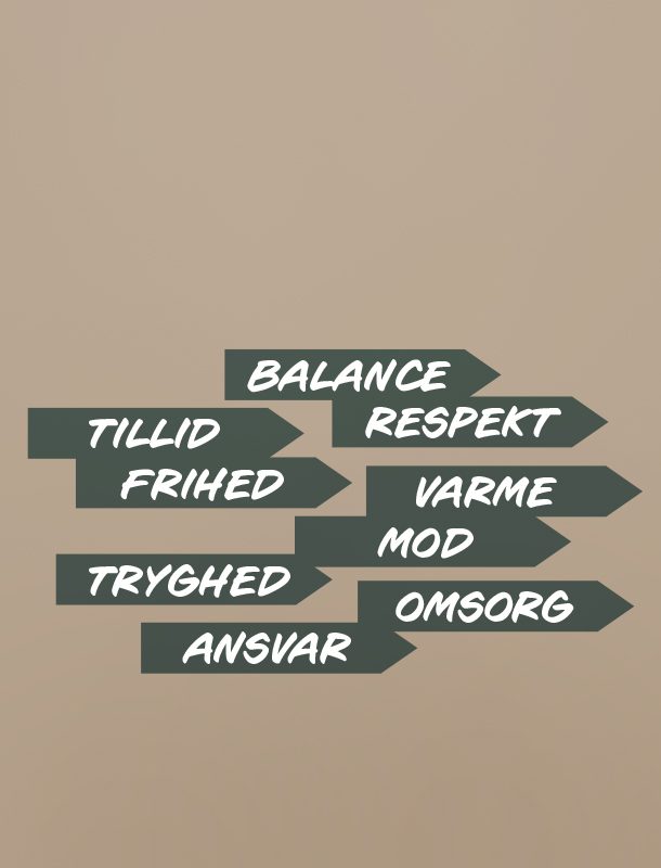 Grafik med værdiord som balance, tillid, respekt og mod